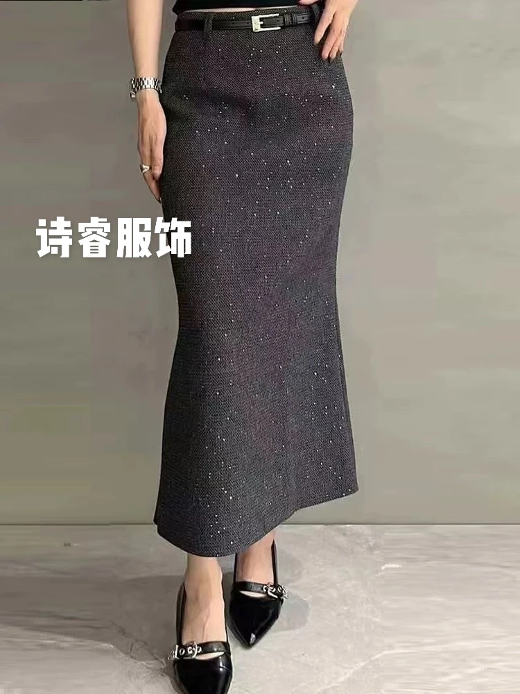 今年流行灰色爆款独特超好看亮片长裙高腰开叉包臂裙女秋冬+腰带