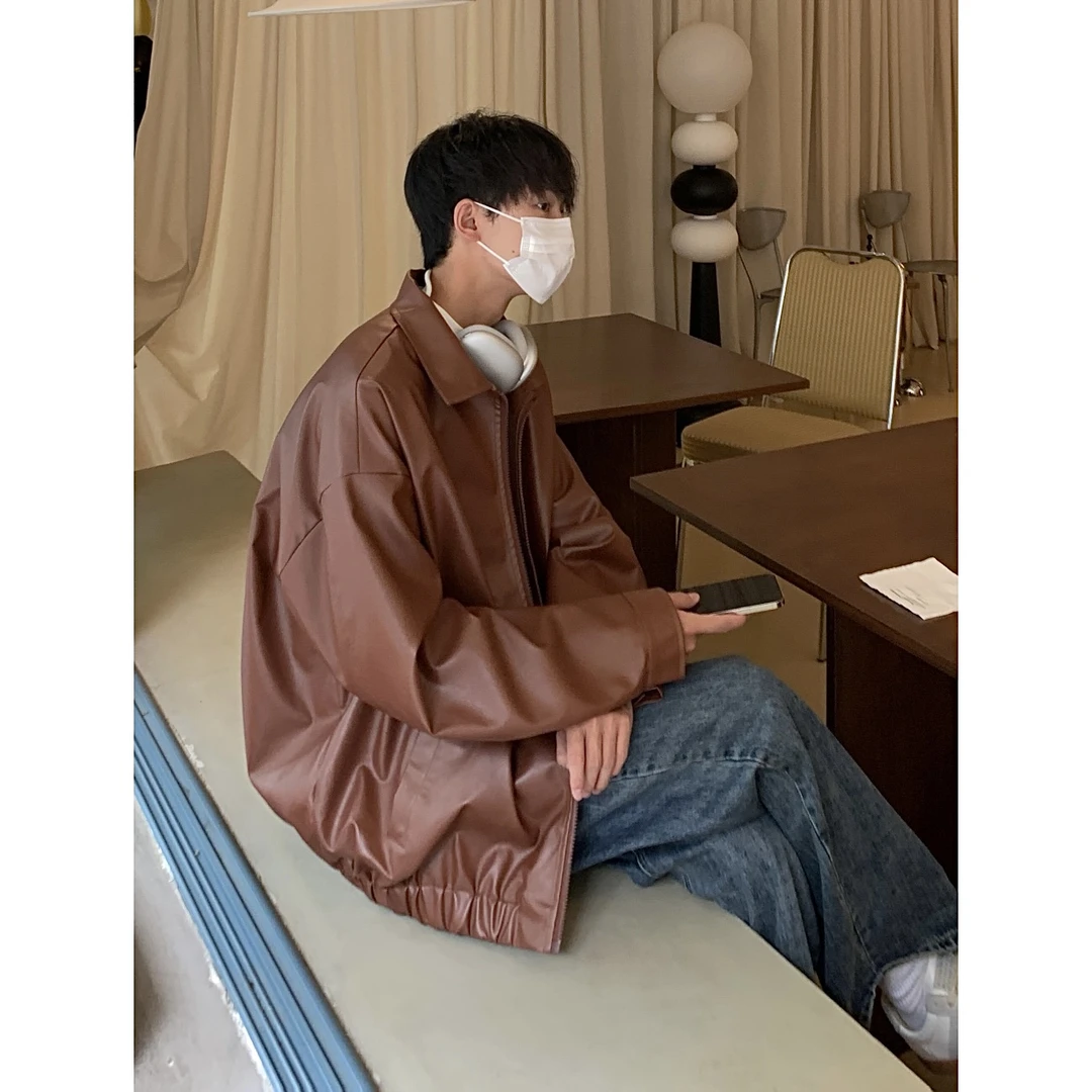 PU皮衣外套男春秋oversize美式复古痞帅高级炸街pu皮夹克男款潮流