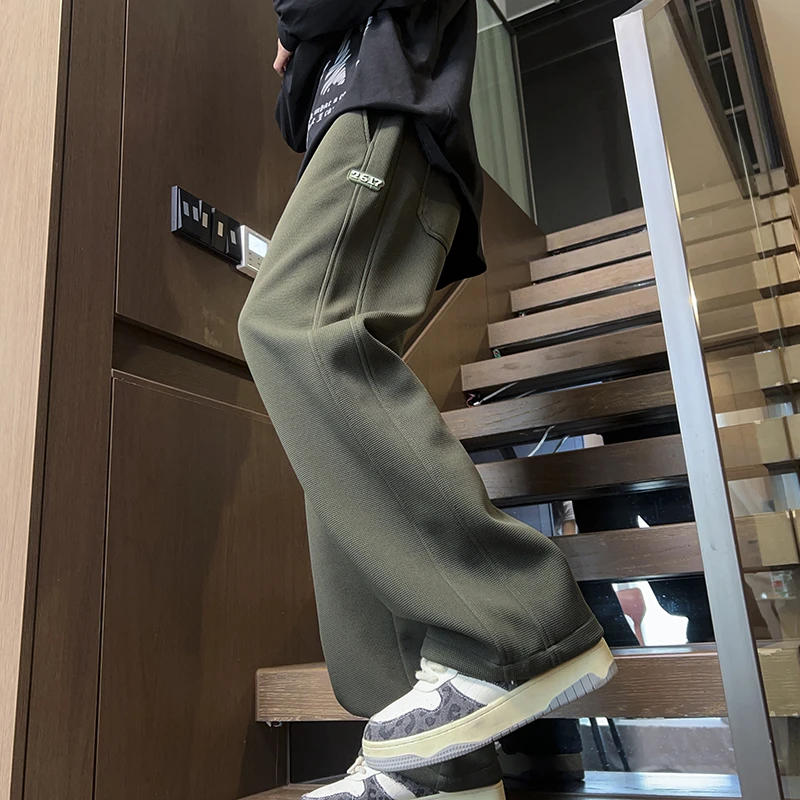 华夫格裤子男春秋季新款宽松直筒长裤痞帅高级垂感美式休闲运动裤