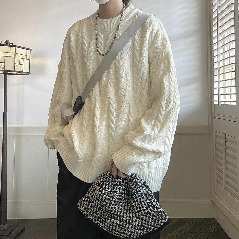 日系麻花宽松毛衣外穿男女情侣韩版设计慵懒风港风圆领针织外套男