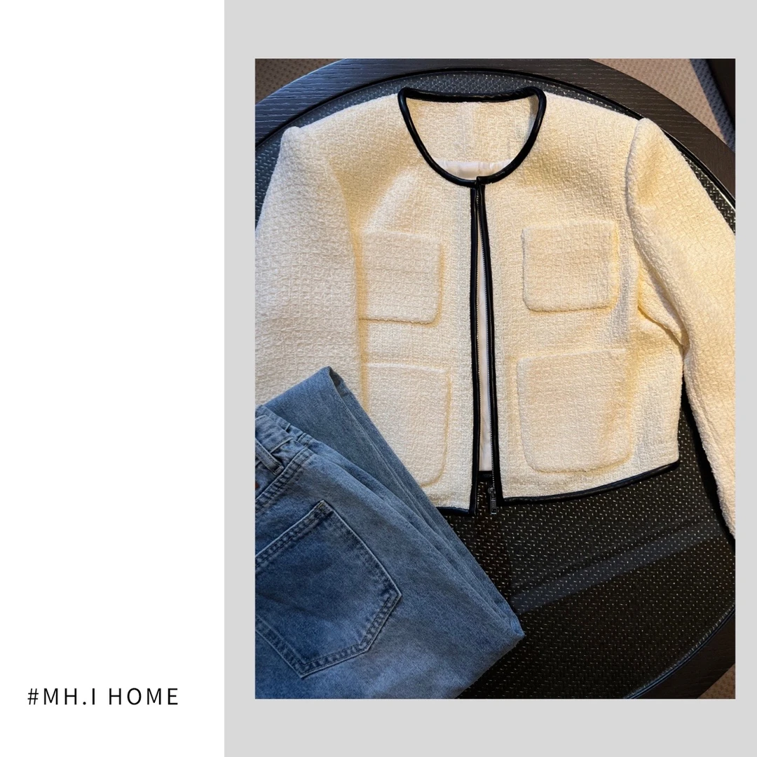 #MH.I HOME 【深圳货】四口袋 皮拼接 香风外套