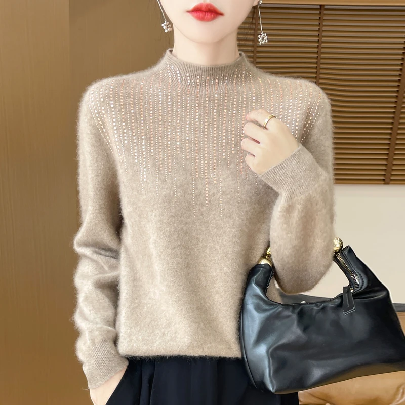 鄂尔多斯市秋冬新款针织衫流苏钻半高百搭毛衣宽松打底