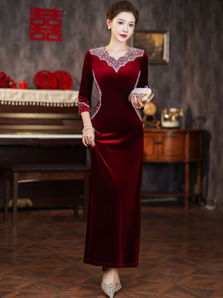 高端新款大气中式礼服七分袖中袖秋冬婚宴婚礼宴会长款旗袍冬季