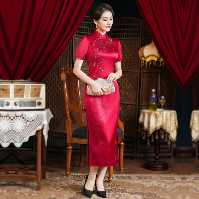 中袖中式绣花立领盘扣修身旗袍喜婆婆丈母娘敬酒显高醋酸缎礼服