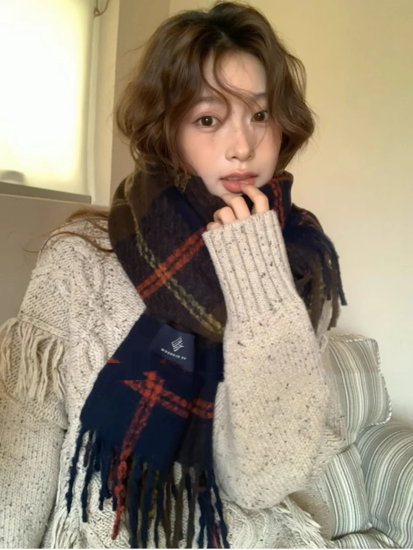[云云精选]韩系双面格纹流苏围巾