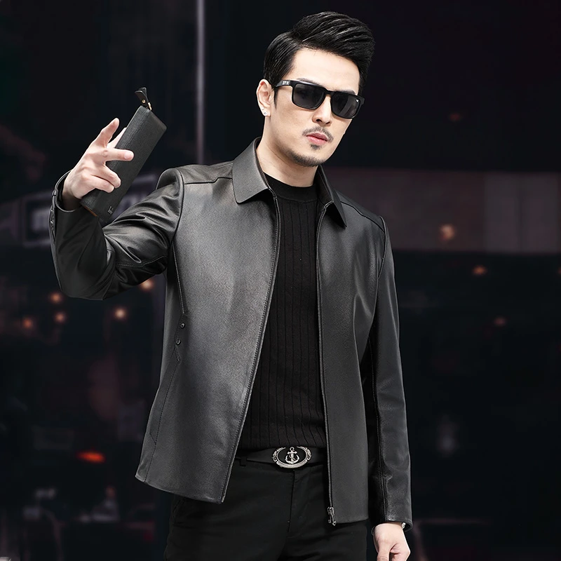商务休闲春秋真皮皮衣男翻领短款牛皮夹克外套TyAh-2202