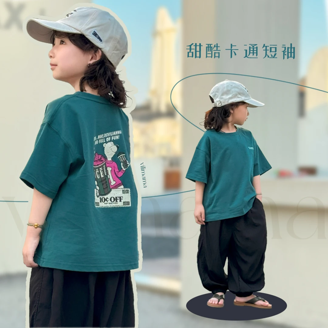 vilimama 2024夏款男女童装孔雀蓝卡通印花短袖T恤宽松甜酷V54103