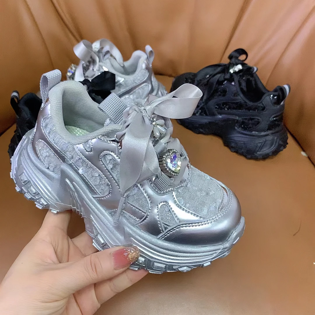 萌蒙潮童老爹鞋珍珠网面2024秋季爆款男女童百搭银色