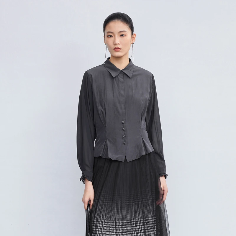S·DEER圣迪奥收腰花边袖口时尚休闲设计师通勤女装衬衫S223Z0568