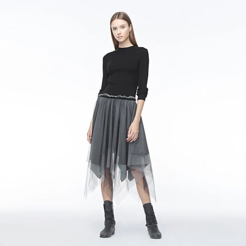 S·DEER圣迪奥时尚气质百搭显瘦圆领不规则拼接连衣裙S19481223