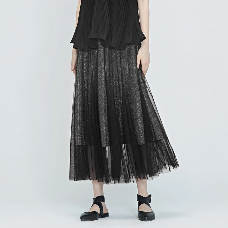 S·DEER圣迪奥夏季黑色显瘦气质高腰松紧网纱垂坠半身裙S20281120