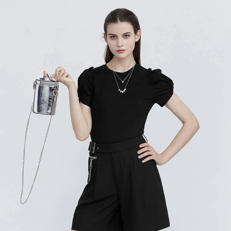 S·DEER圣迪奥女装休闲圆领时尚通勤显瘦抽褶设计感T恤S21280109