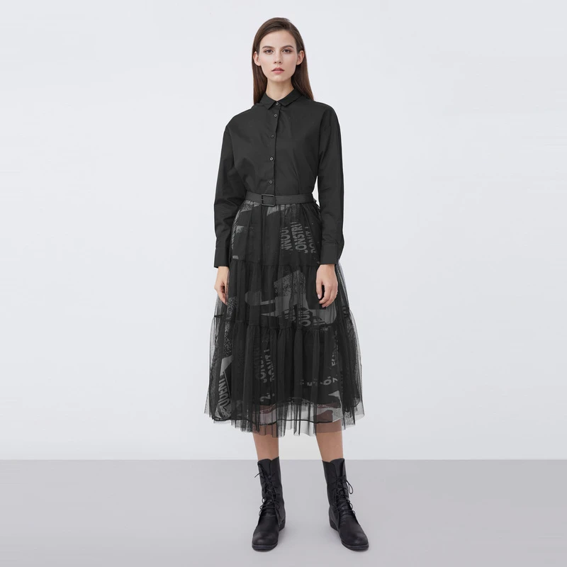 S·DEER圣迪奥秋冬女士休闲翻领收腰字母印花网纱连衣裙S214Z1235