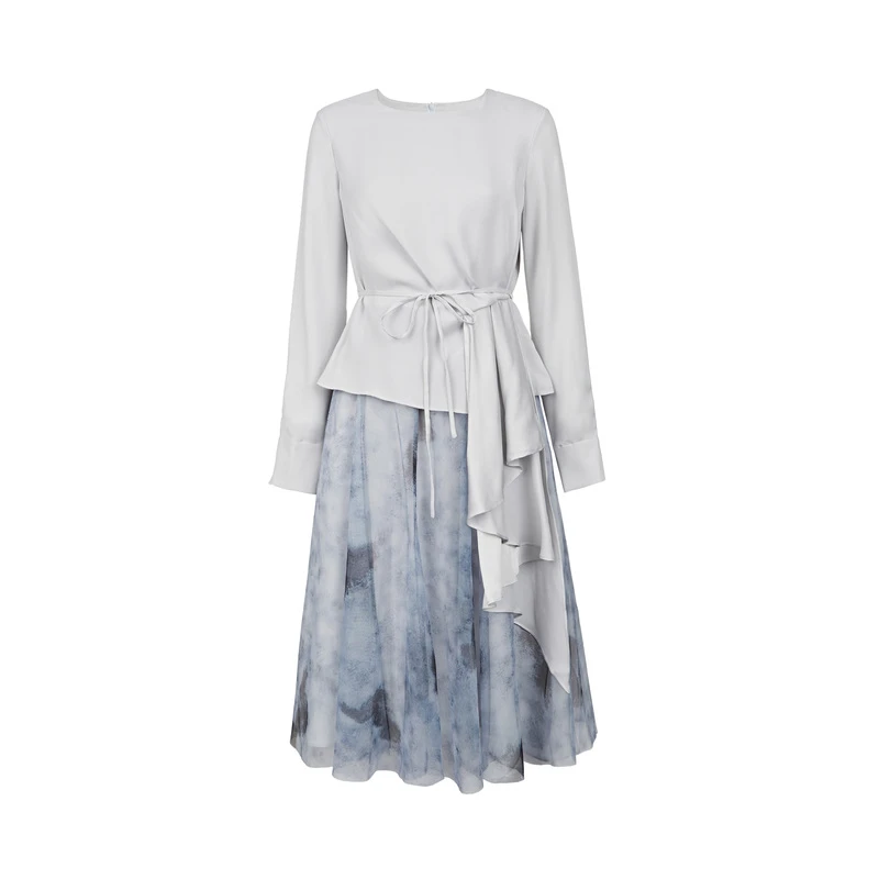 S·DEER圣迪奥时尚气质圆领收腰显瘦晕染长袖秋天连衣裙S223Z12AP