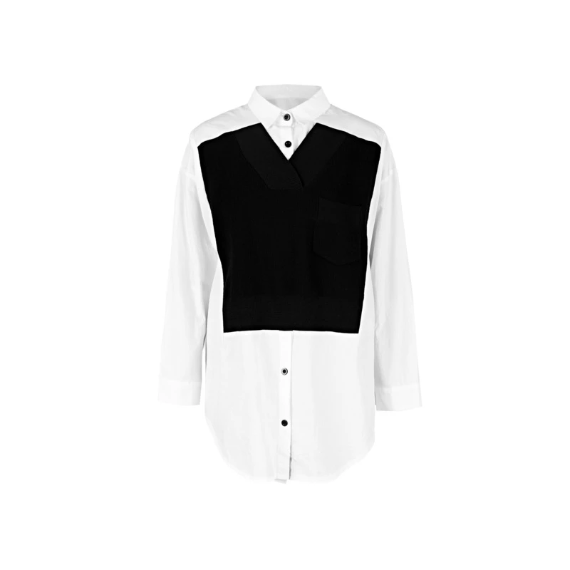 S·DEER圣迪奥女装气质女装时尚翻领撞色拼接中长款衬衫S221Z0504
