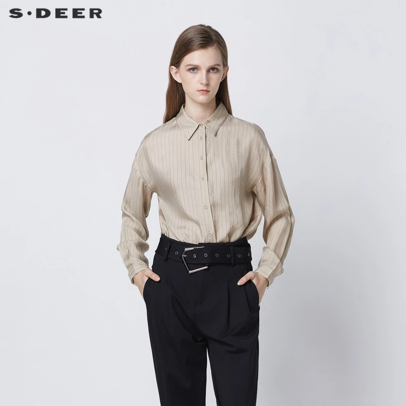 S·DEER圣迪奥时尚OL风休闲翻领条纹不规则通勤长袖衬衫S21360510
