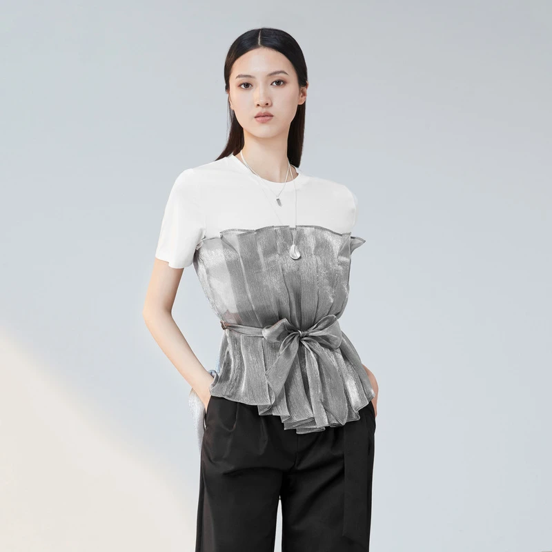 S·DEER圣迪奥春夏时尚气质女士拼接网纱女装设计感上衣S20280127