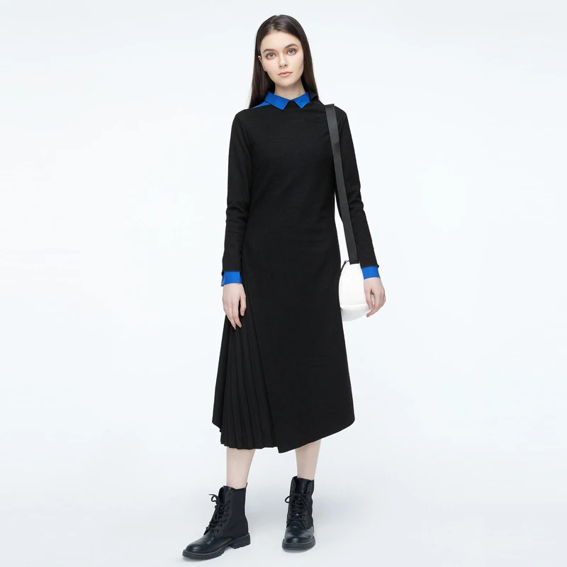 S·DEER圣迪奥女装风琴褶不规则衬衫两件套毛呢连衣裙S20481218