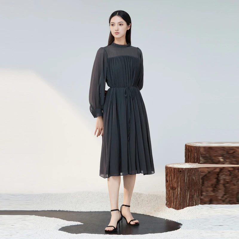 S·DEER圣迪奥女装优雅春季时尚气质木耳领长款连衣裙S223Z124Z