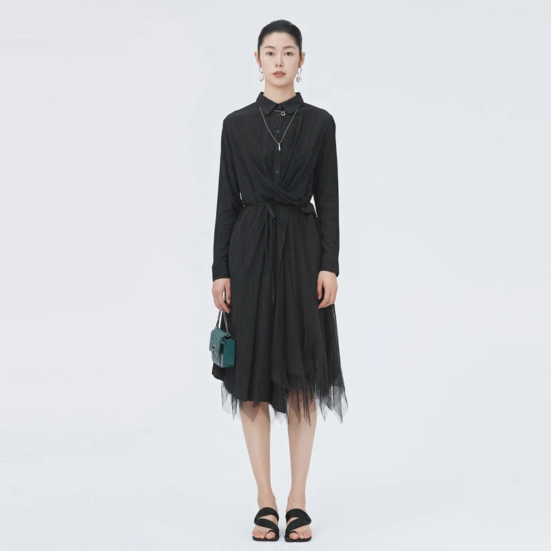 圣迪奥设计师女装时尚休闲百搭通勤黑色长款修身连衣裙S22181204
