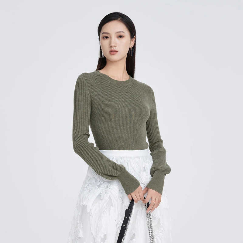 S·DEER圣迪奥女装时尚气质罗纹圆领灯笼袖基本针织衫S221Z3528