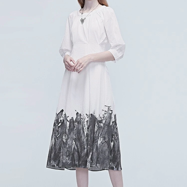 S·DEER圣迪奥夏季长款中国风气质中长款水墨晕染连衣裙S20261249