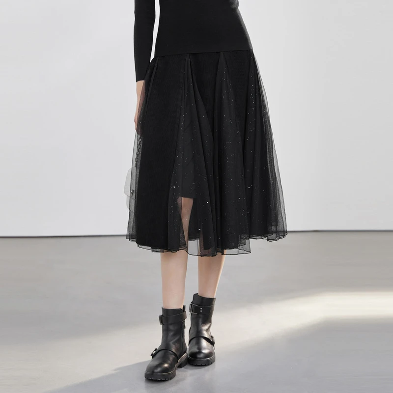 S·DEER圣迪奥时尚秋冬拼接优雅气质不规则A字蕾丝长裙S223Z1167