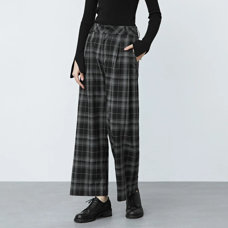 S·DEER圣迪奥时尚女装休闲高腰撞色格纹直筒宽松长裤S21480807