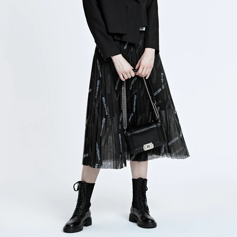 S·DEER女装个性松紧撞色印花女士网纱拼接长裙S22161103