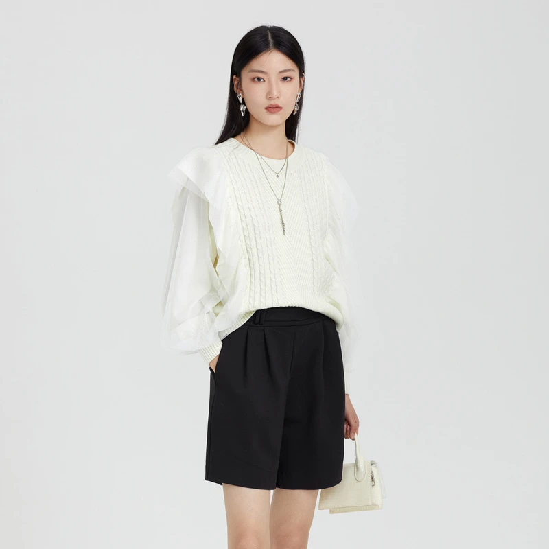 S·DEER圣迪奥时尚拼接设计师气质圆领通勤针织衫毛衣S231Z3518