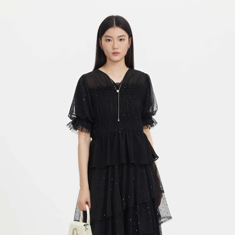 sdeer圣迪奥女装时尚黑色夏季显瘦木耳边网纱泡泡袖衬衫S23260408