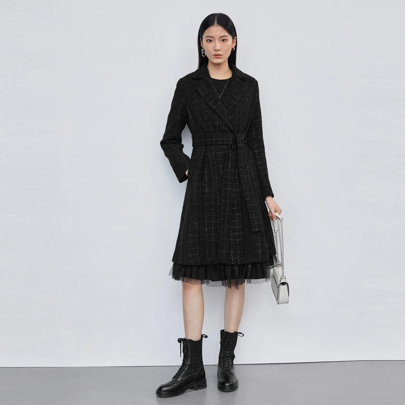 圣迪奥西装领系带收腰女装中长款外套正品时尚S223Z1853