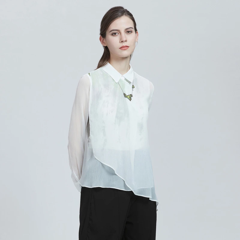 S·DEER圣迪奥春秋季时尚休闲翻领晕染拼接雪纺女衬衫S21280512
