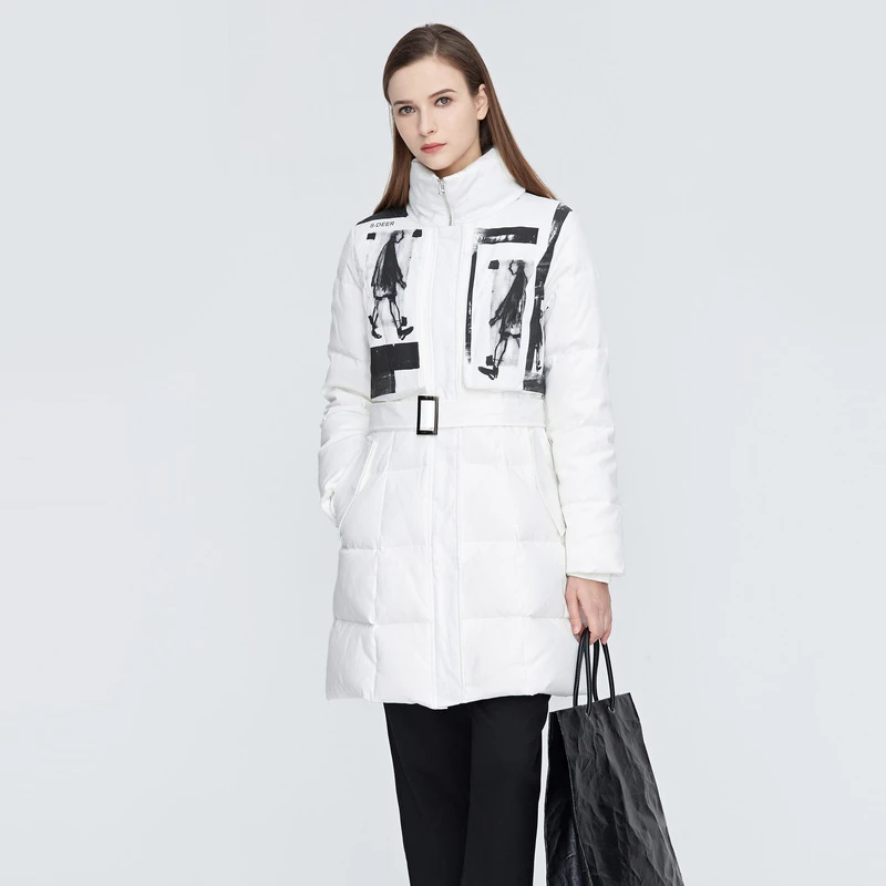 S·DEER圣迪奥时尚女装休闲印花收腰装保暖长款羽绒服S20482490