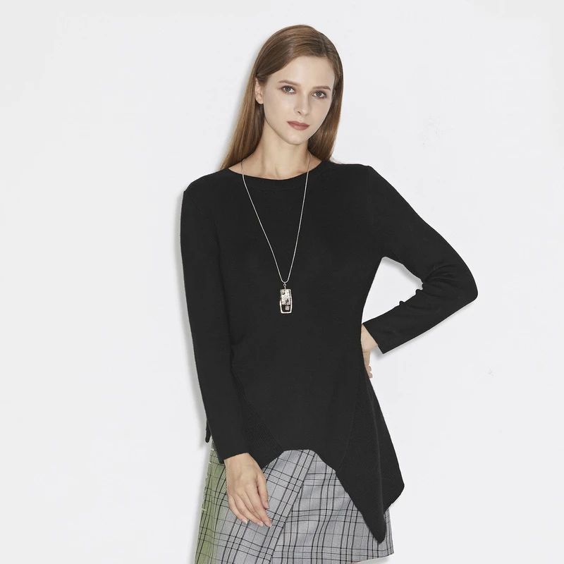 S·DEER圣迪奥时尚休闲罗纹圆领不规则黑色长袖针织衫S21383504