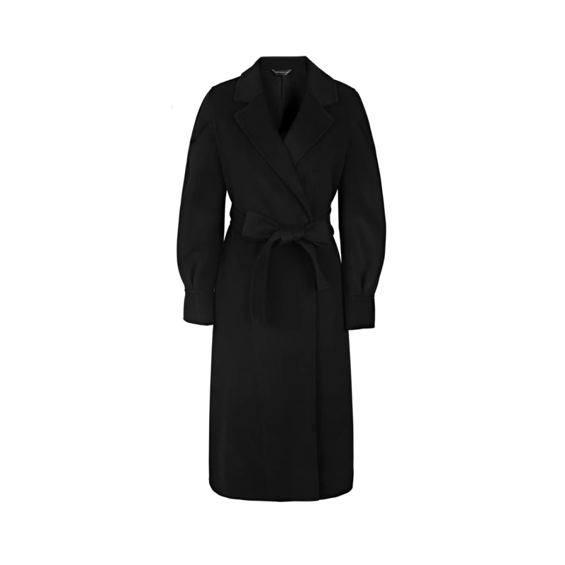 S·DEER圣迪奥女装复古西装领收腰黑色长款系带毛呢大衣S21461815