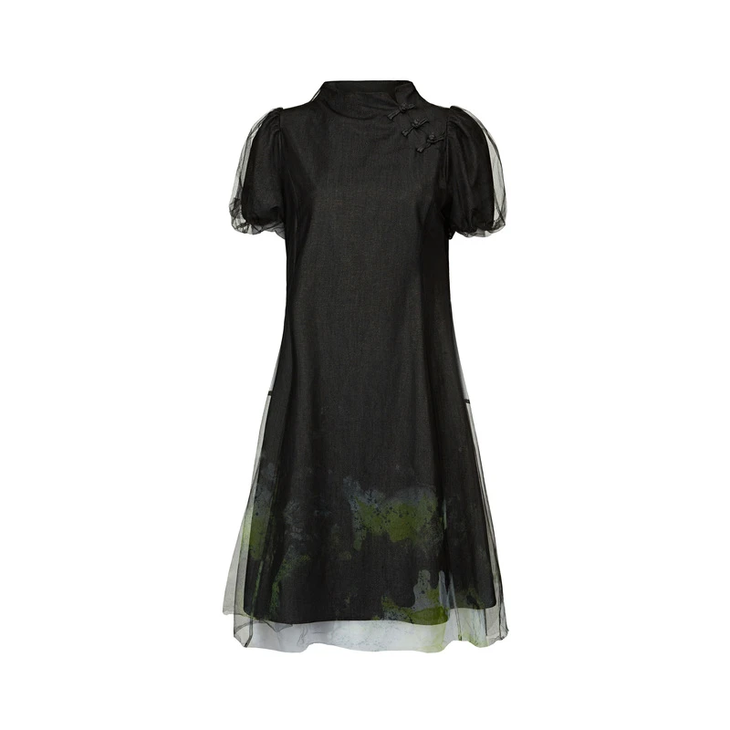 S·DEER圣迪奥黑色女夏季立领盘扣网纱改良新中式连衣裙S222Z124P