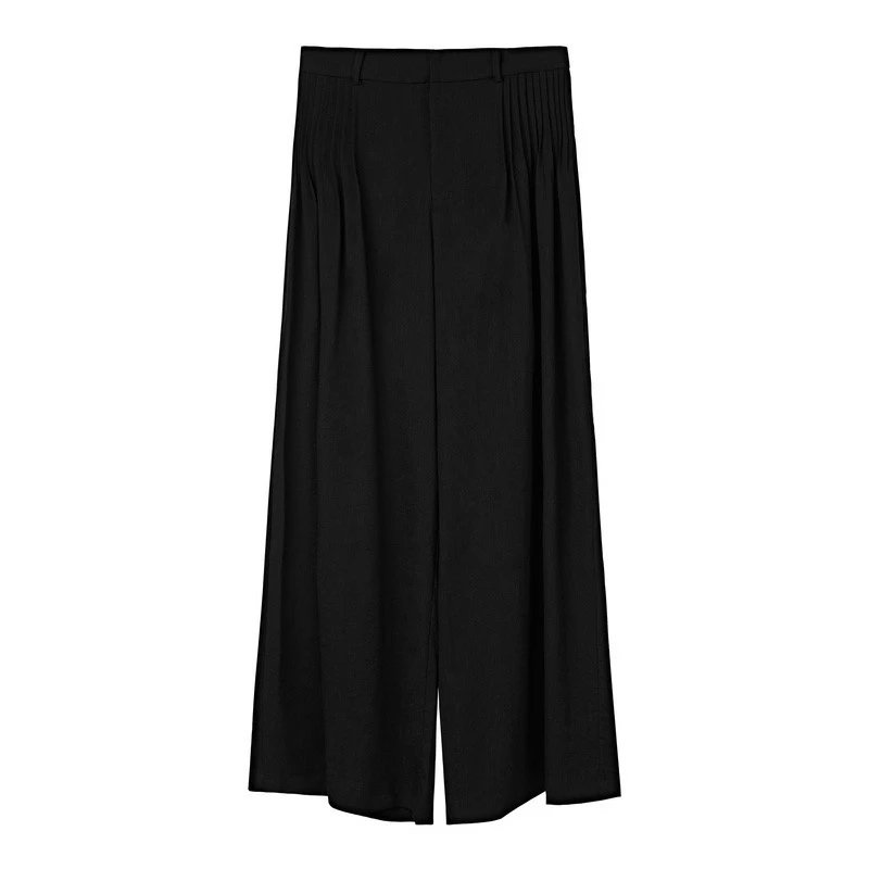 S·DEER圣迪奥时尚女士夏季黑色时尚休闲暗褶阔腿长裤S20380803