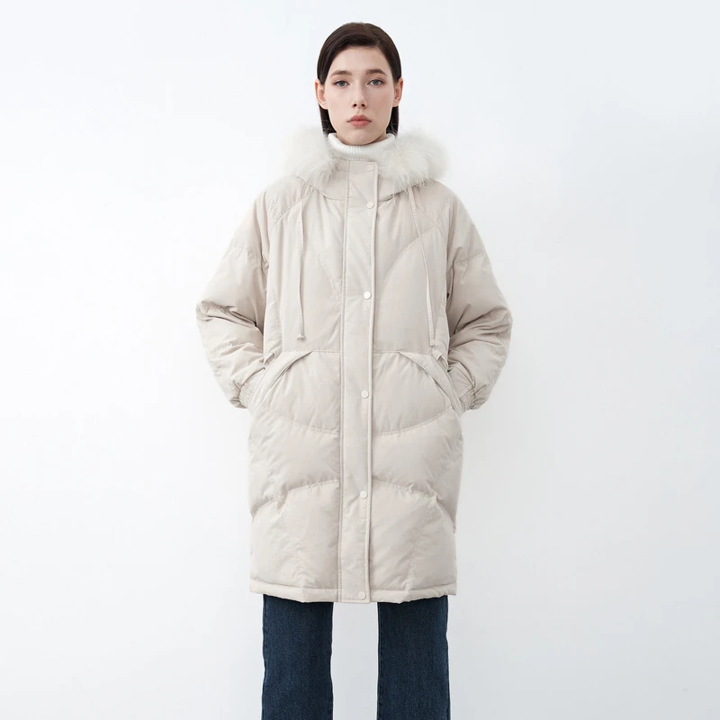 S·DEER圣迪奥时尚百搭学院风毛领连帽拼接长款羽绒服S21462438