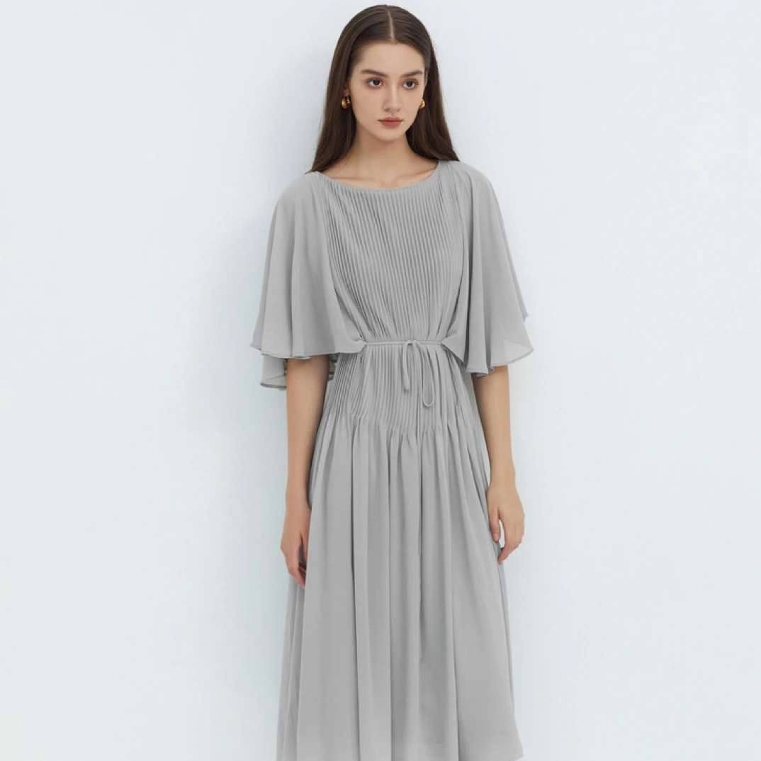 S·DEER圣迪奥遮肉修身女装圆领风琴褶显瘦收腰时尚短袖S223Z12V7