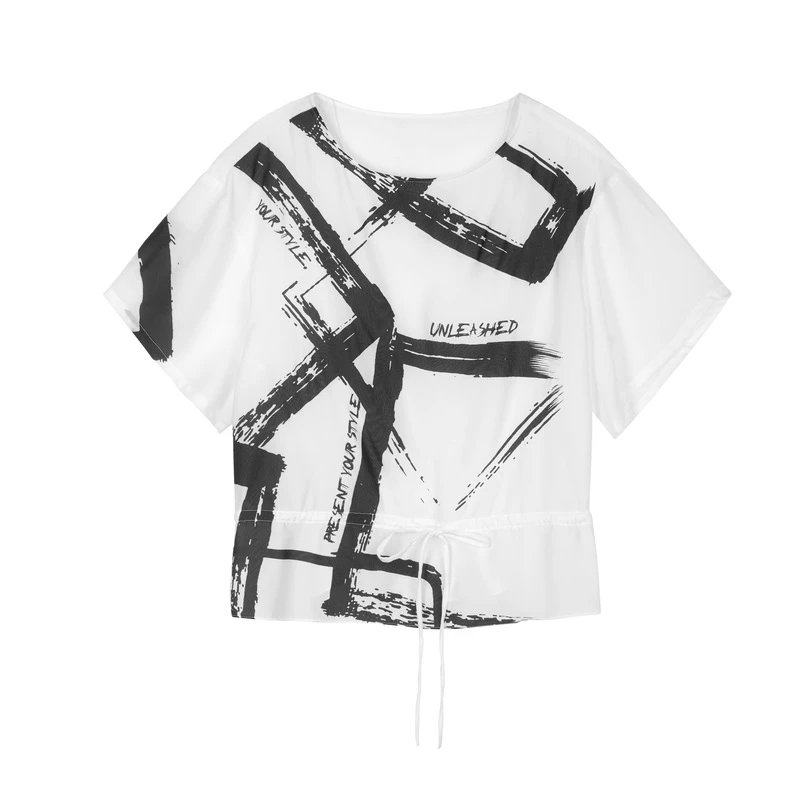 S·DEER圣迪奥女装休闲圆领字母印花时尚收腰短袖衬衫S21260405