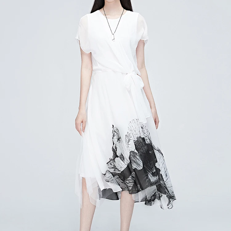 S·DEER圣迪奥女装时尚气质显瘦夏季圆领印花雪纺连衣裙S20261258