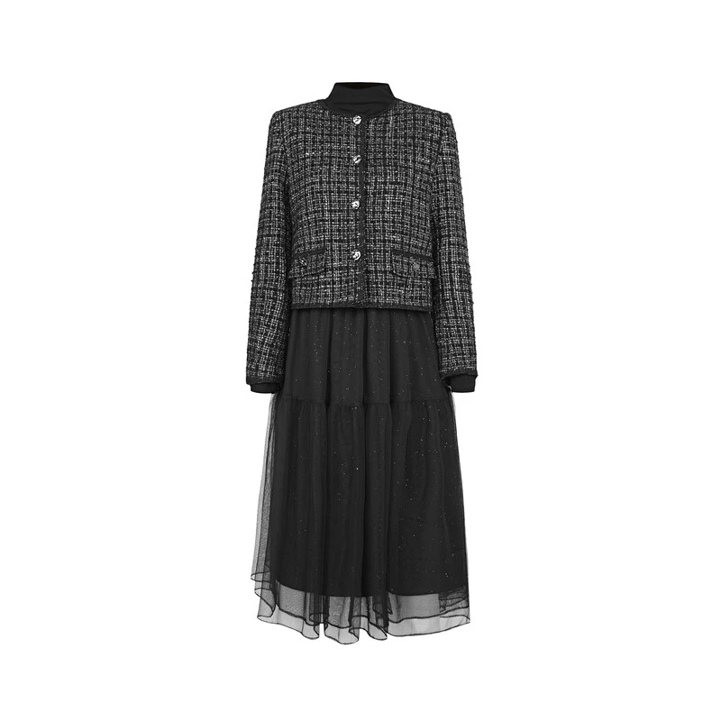 S·DEER圣迪奥女装早秋套装小香风格纹网纱连衣裙套装S233Z1449