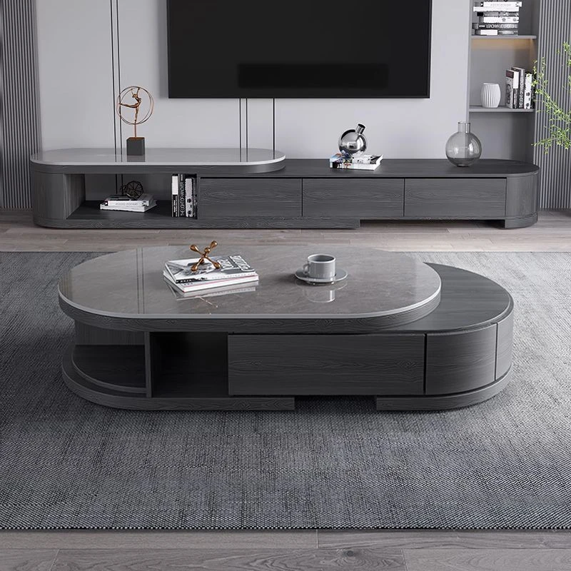 现代简约意式极简椭圆可伸缩客厅家用岩板茶几实用茶几电视柜组合
