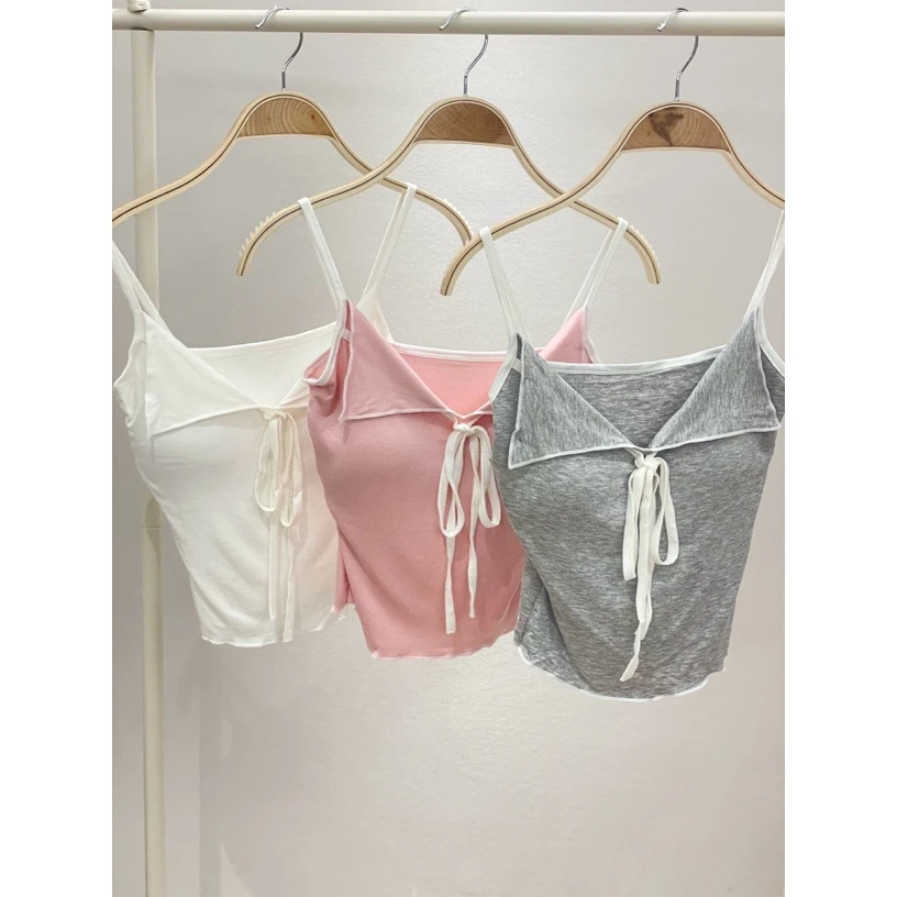 蝴蝶结吊带背心女撞色翻领外穿无袖内搭修身美背打底上衣