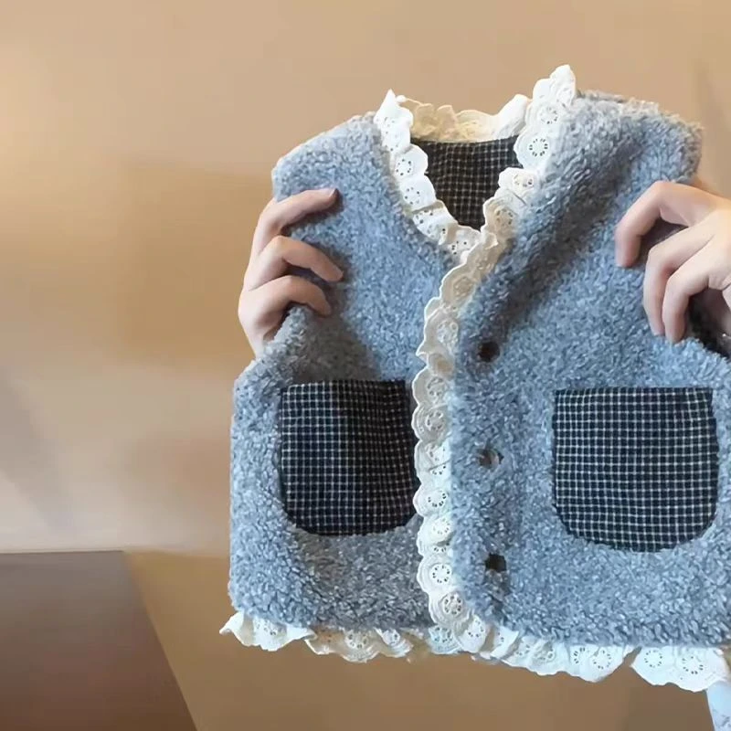 女童秋冬季马甲2024冬款女宝宝时髦百搭蕾丝加绒马甲背心洋气外穿