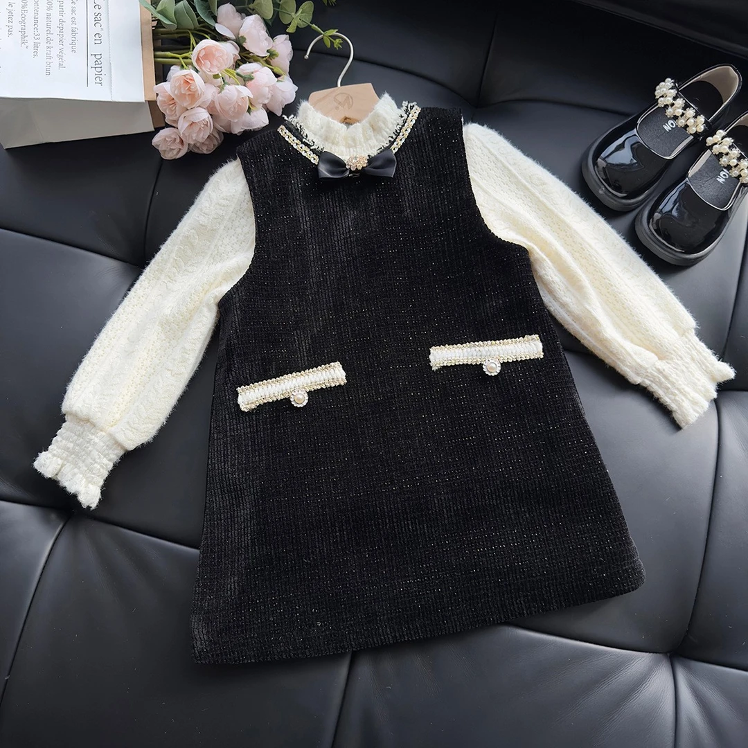 儿童背心裙小香风2024冬款加绒加厚重工气质女童保暖连衣裙