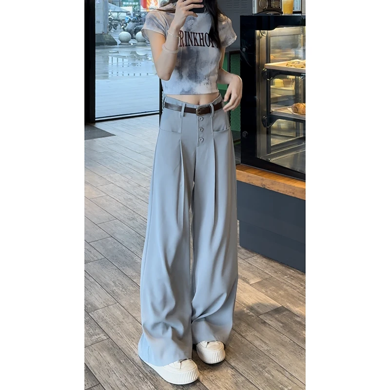 设计感小众韩系排扣西装裤女夏季新款高腰垂感气质休闲百搭阔腿裤