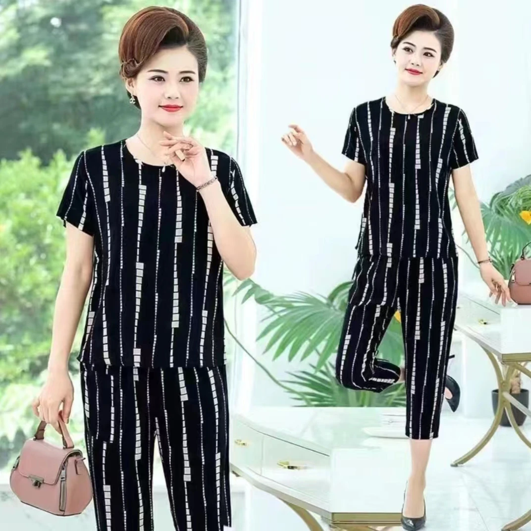 （苏依阁）夏季新款黑白条纹洋气时尚休闲套装妈妈装