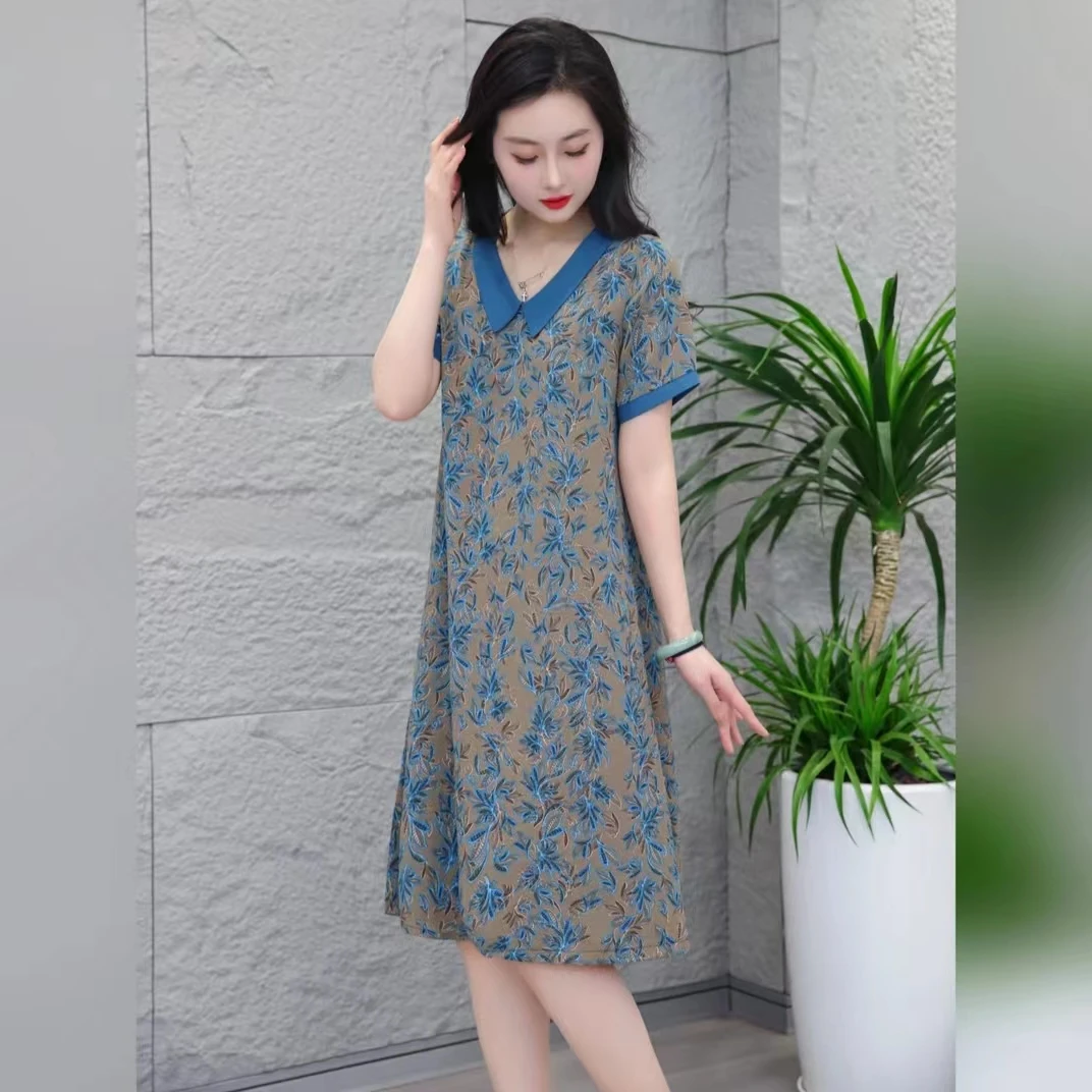 （苏依阁）夏季新款娃娃领~蓝色凤尾花气质时尚女装连衣裙